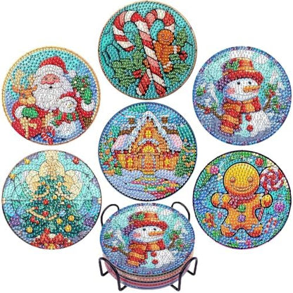 EWJRNSF 6 PCS 5D Diamond Painting Coasters Kits with Holder, Small Diamond Art Kits for Adults Beginners Diamond Dots Arts and Crafts Gems Supplies Item Christmas Style by EWJRNSFDiamondPainting