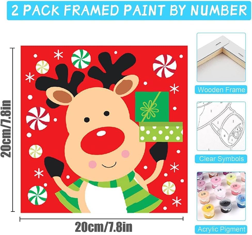 4 Pack Christmas Paint by Numbers Kits for Kids and Adults (with Frame), Cute Cartoon Christmas Paint by Number Kits on Canvas, Simple Acrylic Oil Painting for Beginners, Home Wall Decor 8 x8 Inch. - Image 5