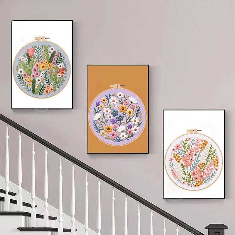 Konrisa Blossoms Embroidery Kit for Adults Beginners, Floral Stamped Embroidery Starter Kit DIY Sewing Practice, Needlepoint Cross Stitch Set of 3 - Image 3