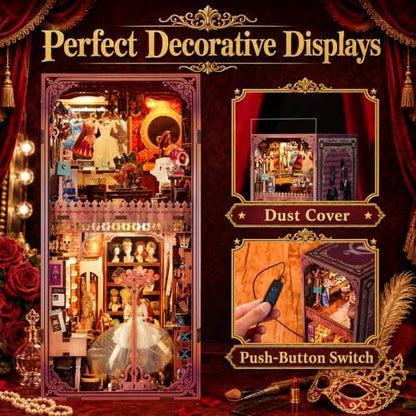 fifijoy DIY Book Nook Kit - DIY Miniature Dollhouse for Adults, 3D Wooden Puzzle Bookend Bookshelf Insert with Yellow Light, Unique Gift for Family and Friends (Theatre Dressing Room) - Image 5