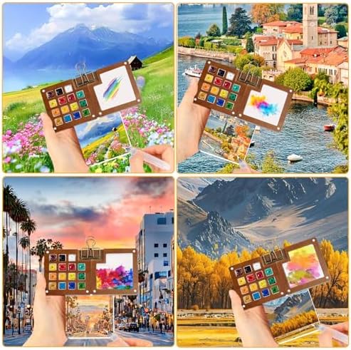 Mini Watercolor Travel Set, 24 Colors Pocket Watercolor Paint Kit with Walnut Wood Palette, 2 Sketchbooks, 5 Brushes & Carry Bag – Portable Art Supplies for Beginners, Artists and Outdoor Sketching - Image 7