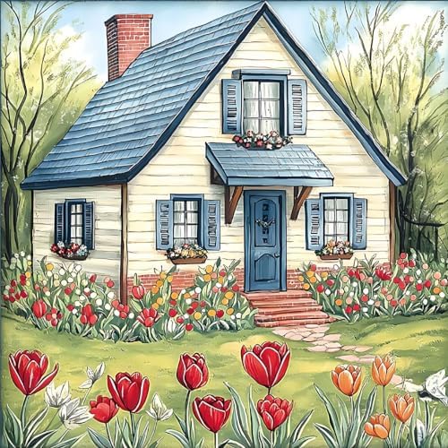WUSARPLY Country Cottage Tulip Scenery Stamped Cross Stitch Kits for Adults by WUSARPLY