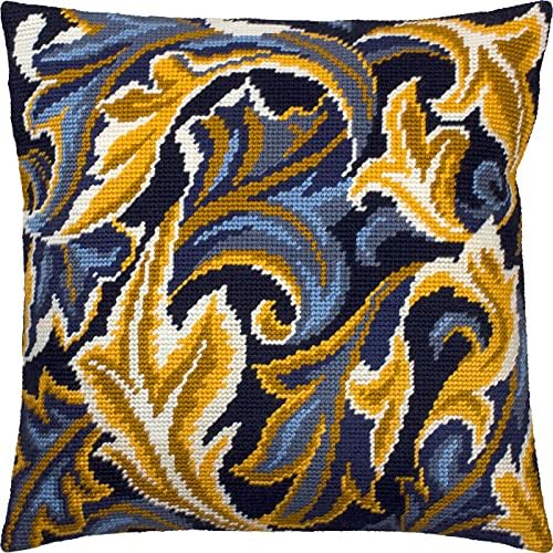 Floral Stamped Cross-Stitch Kit for Adults and Beginners — Acanthus by William Morris 16″ × 16″ with Clear, Precise Printed Design on Cotton Canvas; Includes 2 Needles, Yarn, and Easy-Read Chart by Brvsk