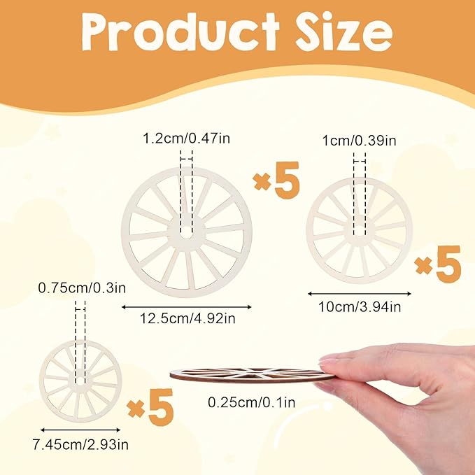 Wooden Wheels for Crafts, 15Pcs 3 Sizes Unfinished Wood Wagon Wheel Decor Blank Wood Slices Hanging Ornaments for DIY Home Party Decoration