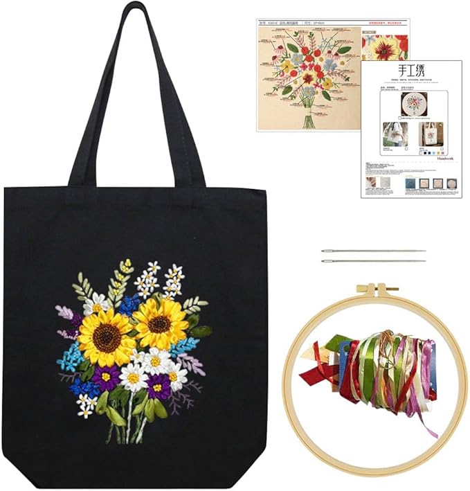 KABAKE Canvas Tote Bag Embroidery Silk Ribbon Kit for Beginners, Arts and DIY Crafts Starter Kit, Includes Stamped Bag, Threads, Tools (Black with Sunflower)