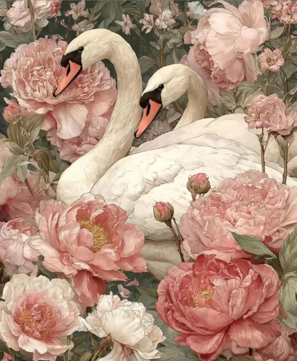 Swans and Pink Peonies Floral Paint by Numbers Kit for Adults Beginner 24colors 16x20 inch Without Framed by Unknown