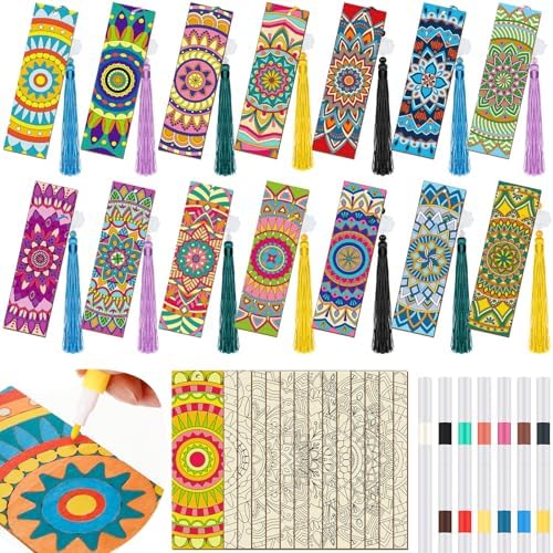 Reallnaive 42 Pcs Wooden Mandala Bookmarks DIY Painting Set Includes 15 Unfinished Blank Bookmarks 15 Tassels 12 Markers, for Mandala Gift Arts Craft Party for Adults Hobby by Reallnaive