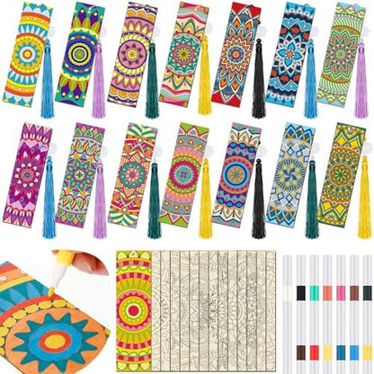 Reallnaive 42 Pcs Wooden Mandala Bookmarks DIY Painting Set Includes 15 Unfinished Blank Bookmarks 15 Tassels 12 Markers, for Mandala Gift Arts Craft Party for Adults Hobby by Reallnaive
