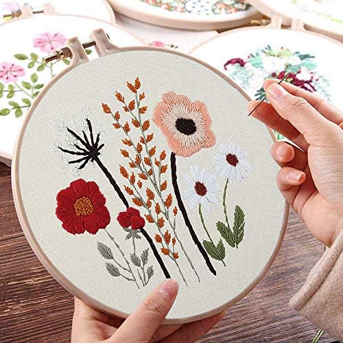 Uphome 3 Pack Embroidery Starter Kit for Beginners Stamped Cross Stitch Kits with Cute Flowers and Plants Patterns with 1 Embroidery Hoop and Color Threads for Adults Kids - Image 4