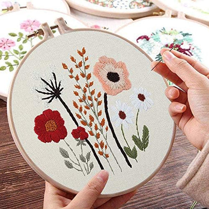 Uphome 3 Pack Embroidery Starter Kit for Beginners Stamped Cross Stitch Kits with Cute Flowers and Plants Patterns with 1 Embroidery Hoop and Color Threads for Adults Kids - Image 4