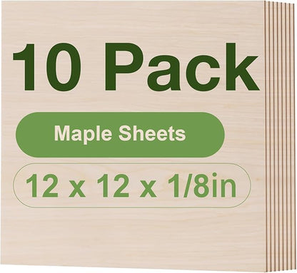 ROBOTIME 10-Pack 3mm Maple Plywood for Laser Cutting - 12 x 12 x 1/8 Inch - Laser Engraving Blanks
