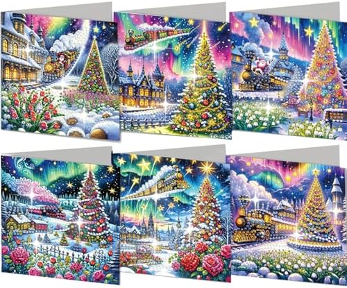 jinglinhh 6pcs Christmas Tree Train Village House Flowers Diamond Art Painting Greeting Cards with Envelopes, DIY Card Making Kits for Adults, Diamond Art Postcards Holiday Cards Craft Gifts by Unknown