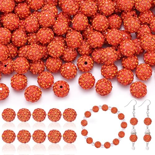 105pcs 10mm Rhinestone Beads for Jewelry Making, Orange Shiny Round Disco Ball Beads Bulk, Sparkle Crystal Clay Christmas for Bracelet Baseball Necklace Earring Crafting and DIY by TINKRSTUFF