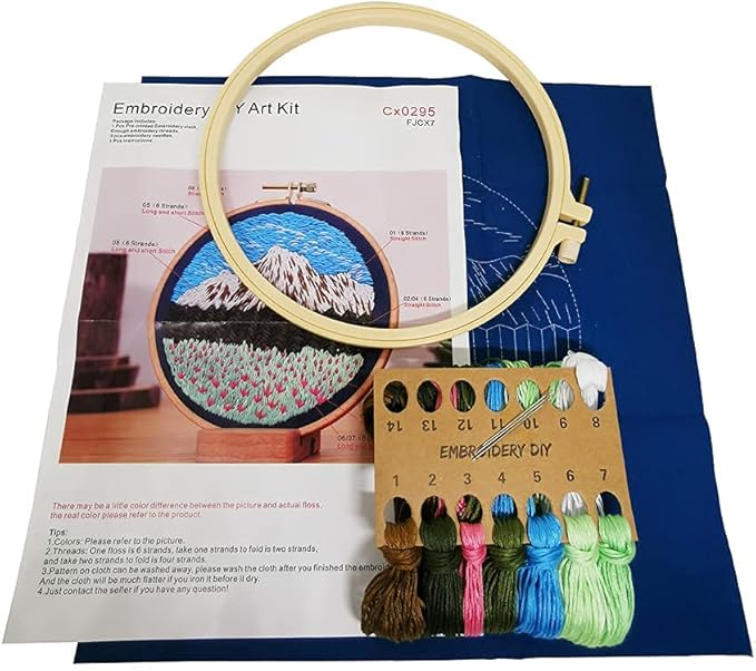 SUQUUB 3 Sets Embroidery Starter Kit with Pattern and Instructions,Cross Stitch Beginner Kits with Frame,3 Plastic Embroidery Hoops,3 Embroidery Clothes and Color Threads (3X Landscape Pattern)