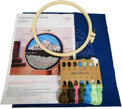 SUQUUB 3 Sets Embroidery Starter Kit with Pattern and Instructions,Cross Stitch Beginner Kits with Frame,3 Plastic Embroidery Hoops,3 Embroidery Clothes and Color Threads (3X Landscape Pattern)