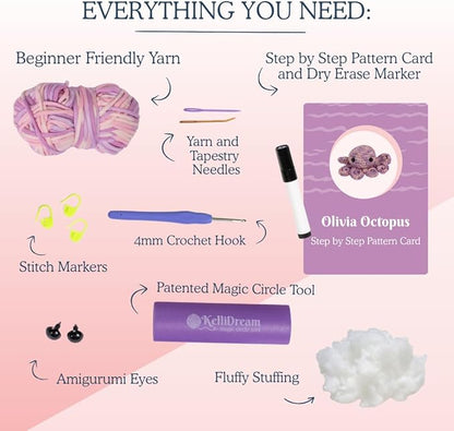 KelliDream Magic Circle Tool Inclusive Learn to Crochet Kit for Beginners; Step-by-Step Video Tutorials; All Supplies to Make Cute Amigurumi (Octopus)