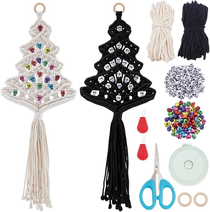 FREEBLOSS 2 Set Macrame DIY Kit Christmas Tree Macrame Tassels Wall Hanging Skull Christmas Tree Hanging Ornaments Skull Wall Tassels Tapestry with Wooden Star for Handmade Craft Beginners