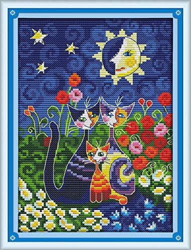 Funcrostitch Counted Cross Stitch Kits for Beginners,14CT Unprinted Pattern Embroidery Kit DMC Cotton Threads Needleworks for Adults-Cats Under The Sun (1) 7.5"×11"