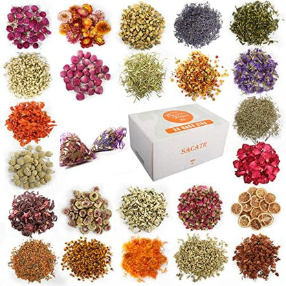 24 Bags Dried Flowers,100% Natural Dried Flowers Herbs Kit for Soap Making, DIY Candle Making,Bath - Include Rose Petals,Lavender,Don't Forget Me,Lilium,Jasmine,Rosebudsand More by SACATR