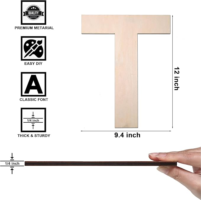 12 Inch Wooden Letter T, 1/4 Inch Thick Large Unfinished Wood Letter for DIY Crafts Home Wall Decor