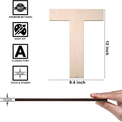 12 Inch Wooden Letter T, 1/4 Inch Thick Large Unfinished Wood Letter for DIY Crafts Home Wall Decor