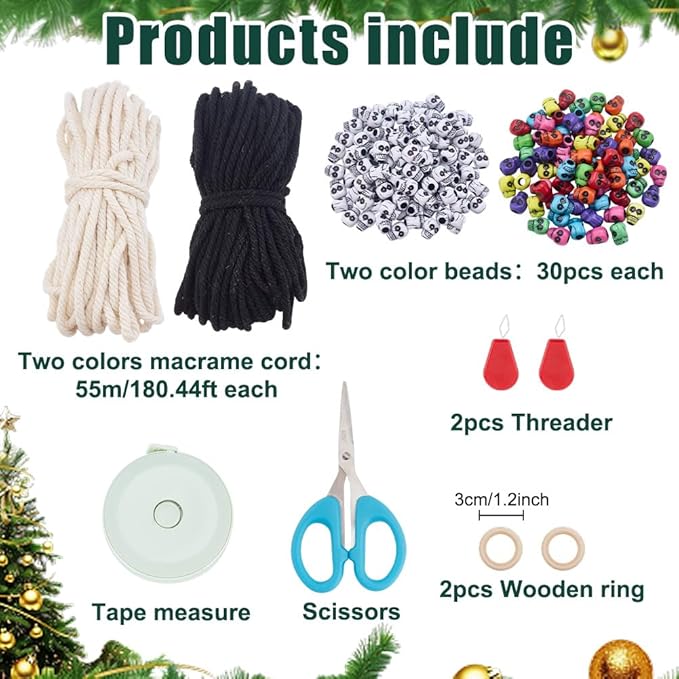FREEBLOSS 2 Set Macrame DIY Kit Christmas Tree Macrame Tassels Wall Hanging Skull Christmas Tree Hanging Ornaments Skull Wall Tassels Tapestry with Wooden Star for Handmade Craft Beginners