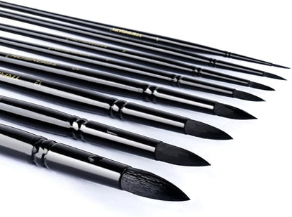 Transon 8pcs Round Watercolor Paint Brush Set Goat Hair for Watercolors,Acrylics,Inks,Gouache,Oil and Tempera Black Color