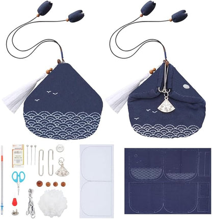 ORIGACH DIY Sashiko Coin Purse Kit with Instruction for Beginners Adults Easy Waves Sashiko Kit with Stamped Pattern Japanese Sashiko Embroidery Bag DIY Sewing Bag Gifts for Friends Mums
