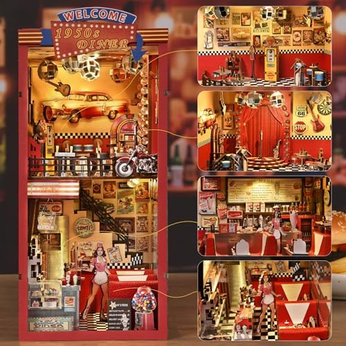 fifijoy Book Nook Kit - DIY Miniature House Dollhouse Kit for Adults and Teens, Booknook Retro Diner Bookshelf Decor 3D Wooden Puzzle with LED Light, Gifts for Family and Friends (1950s Diner) - Image 3