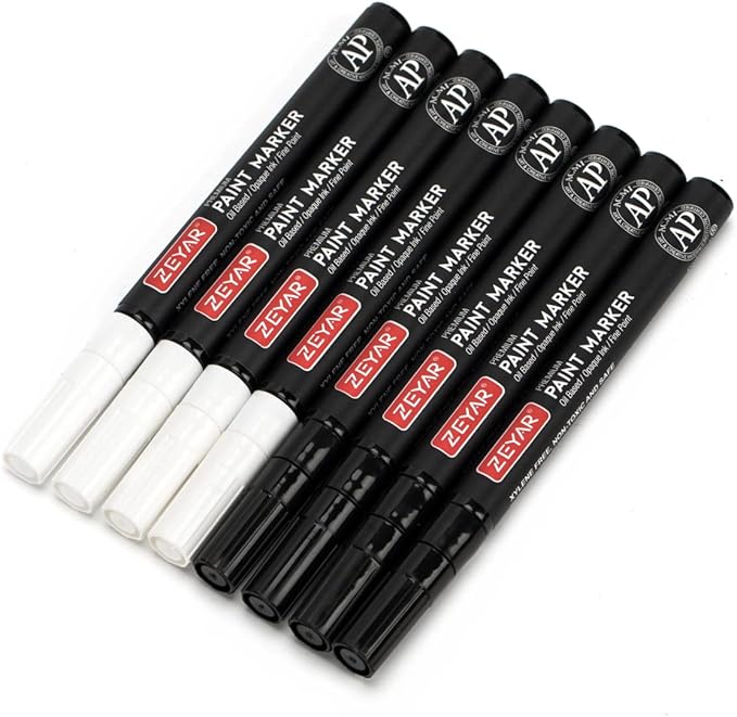 ZEYAR Permanent Oil-Based Paint Markers, Expert of Rock Painting, Black&White Color. Works on Rock, Wood, Glass, Metal, Ceramic and more (4 Black&4 White Fine Point)