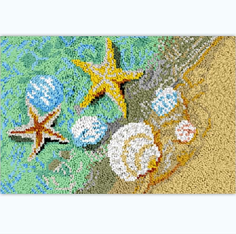Seaside Beach Sea Shells Starfish Latch Hook Kits Rug Printed Canvas Handmade Carpet Crochet Yarn Embroidery Needlework Hook Latch Kit Tapestry Rug Cover Christmas Home Decoration 52x38cm by Unknown