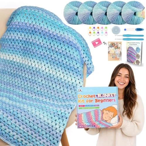 Aeelike Crochet Blanket Kit for Beginners, Easy Blanket Crochet Kits, Blue by Aeelikescrochetworld