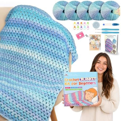 Aeelike Crochet Blanket Kit for Beginners, Easy Blanket Crochet Kits, Blue by Aeelikescrochetworld