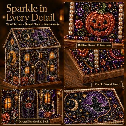 Halloween Wooden House 3D Rhinestone Diamond Art DIY Kit, for Adults, Wooden 3D House with Round Rhinestones and Pearl Accents for Hands-on Halloween Crafting and Tabletop Seasonal Decor. (Style-C) - Image 3