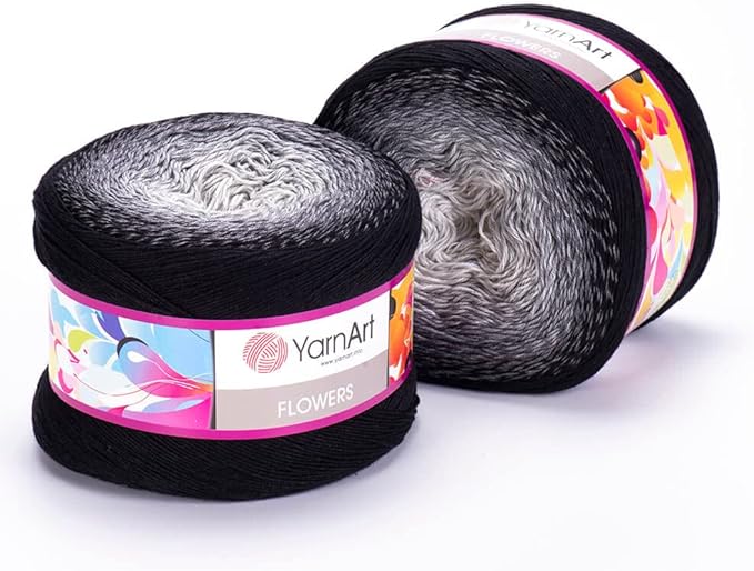 2 Skein/Pack Yarnart Flowers Gradient Yarn, Each Ball 8.8 Oz (250gr) / 1094 Yards (1000m), 55% Cotton 45% Acrylic, Superfine Fingering Weight for Knitting and Crochet, 253 - Black White