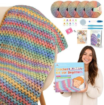 Aeelike Crochet Blanket Kit for Beginner, Easy Blanket Crochet Kit, Rainbow by Aeelikescrochetworld