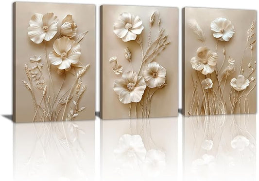 WENGTIAO 3Pcs Beige Flower Canvas Wall Art Prints Neutral Floral Plant Wall Painting Minimalist Botanical Blossom Poster Picture Vintage Artwork Home Decor for Living Room Bedroom Office 12”x16”x3Pcs