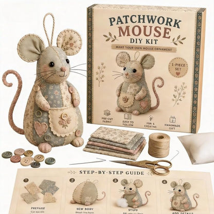 Vintage Patchwork Mouse DIY Sewing Kit for Adult Beginners, All-in-One Floral Fabric Craft Set with Pre-Cut Fabric, Supplies & Step Guide, Cute Mouse Ornament for Desk Home Decor, Perfect Craft Gift by Unknown