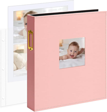 Vienrose 8.5x11 Inch Large 3 Ring DIY Scrapbook Photo Album Leather Cover Scrap Book Albums Blank Scrapbooks Photobook with 50 Plastic Sleeves 100 Pages for Wedding Baby Family Anniversary (Pink)