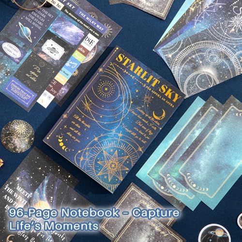 icceemee Scrapbooking Supplies Kit, Blue Starry Sky Scrapbooking Kit for Bullet Junk Journaling, Stationery, A6 Grid Notebook, Flower DIY Journaling Supplies, Birthday Craft Gift for Teen Girls - Image 2