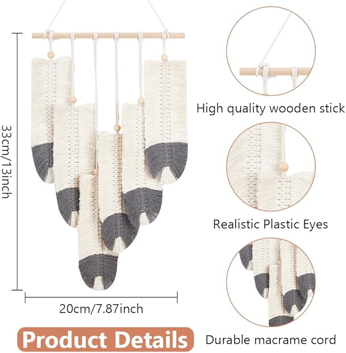 ORIGACH DIY Macrame Feather Wall Hanging Kit Boho White and Dark Gray Feather Tapestry Macrame Kit for Adults Beginner Handmade Rustic Macrame Feathers Leaf Wall Hanger Decor for Living Room Bedroom