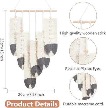 ORIGACH DIY Macrame Feather Wall Hanging Kit Boho White and Dark Gray Feather Tapestry Macrame Kit for Adults Beginner Handmade Rustic Macrame Feathers Leaf Wall Hanger Decor for Living Room Bedroom