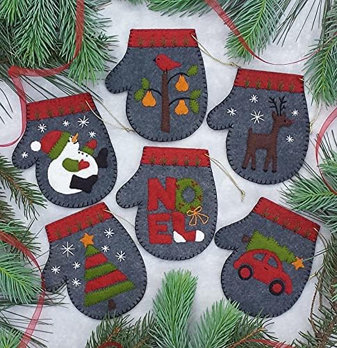 Charcoal Mittens | Felt Applique Christmas Ornament Kit | 6 DIY Christmas Ornament Mittens | 4" x 4.5" - Image 3