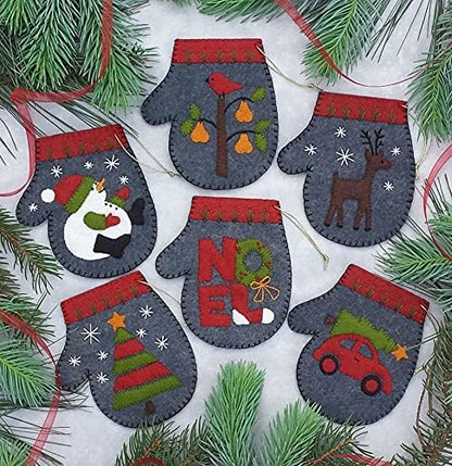 Charcoal Mittens | Felt Applique Christmas Ornament Kit | 6 DIY Christmas Ornament Mittens | 4" x 4.5" - Image 3