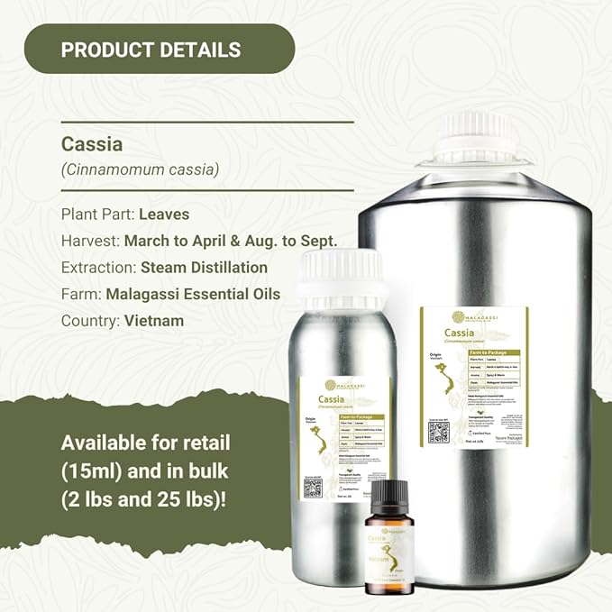 Nature Packaged Cassia Essential Oil - Direct from Vietnamese Mountain Farms - Steam Distilled - Aceite de Casia for Aromatherapy, Massage, Diffuser, DIY Candle and Soap Making - 15ml