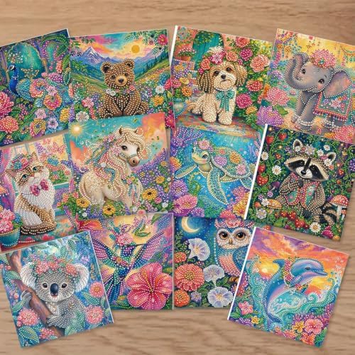 LAKEQUILL DIY Diamond Art Painting Greeting Kit, 12 Pieces, Creative Craft Set，Flower Animals - Image 3