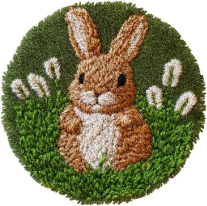 Latch Hook Rug Kit Brown Rabbit in Grass Easy for Beginners Round Shape Carpet Crochet Yarn Craft Mini Rug DIY Hook and Latch Little Tapestry for Home Decor 30x30cm by Unknown