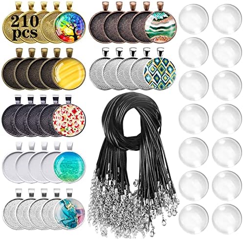 210Pcs Pendant Trays Kit, Bezel Pendant Trays Charms Bulk with Glass Cabochon and Necklace Cords Set for Homemade Necklaces, Jewelry Making, DIY Crafts, Resin Art and Paint Pour Skins by Csdtylh