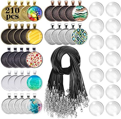 210Pcs Pendant Trays Kit, Bezel Pendant Trays Charms Bulk with Glass Cabochon and Necklace Cords Set for Homemade Necklaces, Jewelry Making, DIY Crafts, Resin Art and Paint Pour Skins by Csdtylh