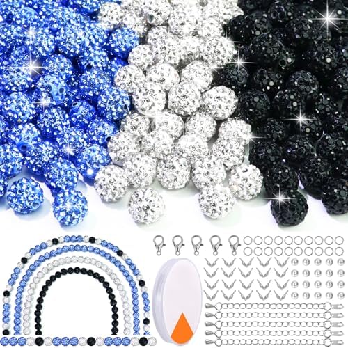 Dowarm 255PCS 10mm Rhinestone Beads for Baseball Rhinestone Necklace Bracelet Jewelry Making, Round Polymer Clay Beads for Crafts Beaded Pen, Shamballa Pave Diamond Bead, Ice Blue|White|Black by Dowarm